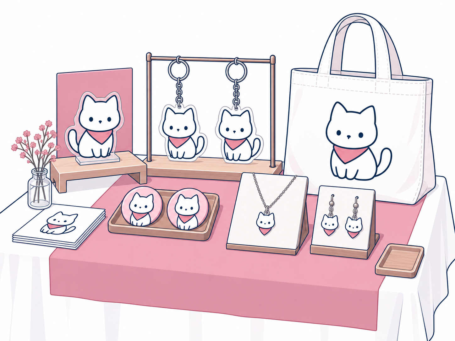 猫モチーフのオリジナル作品が並ぶ展示テーブル