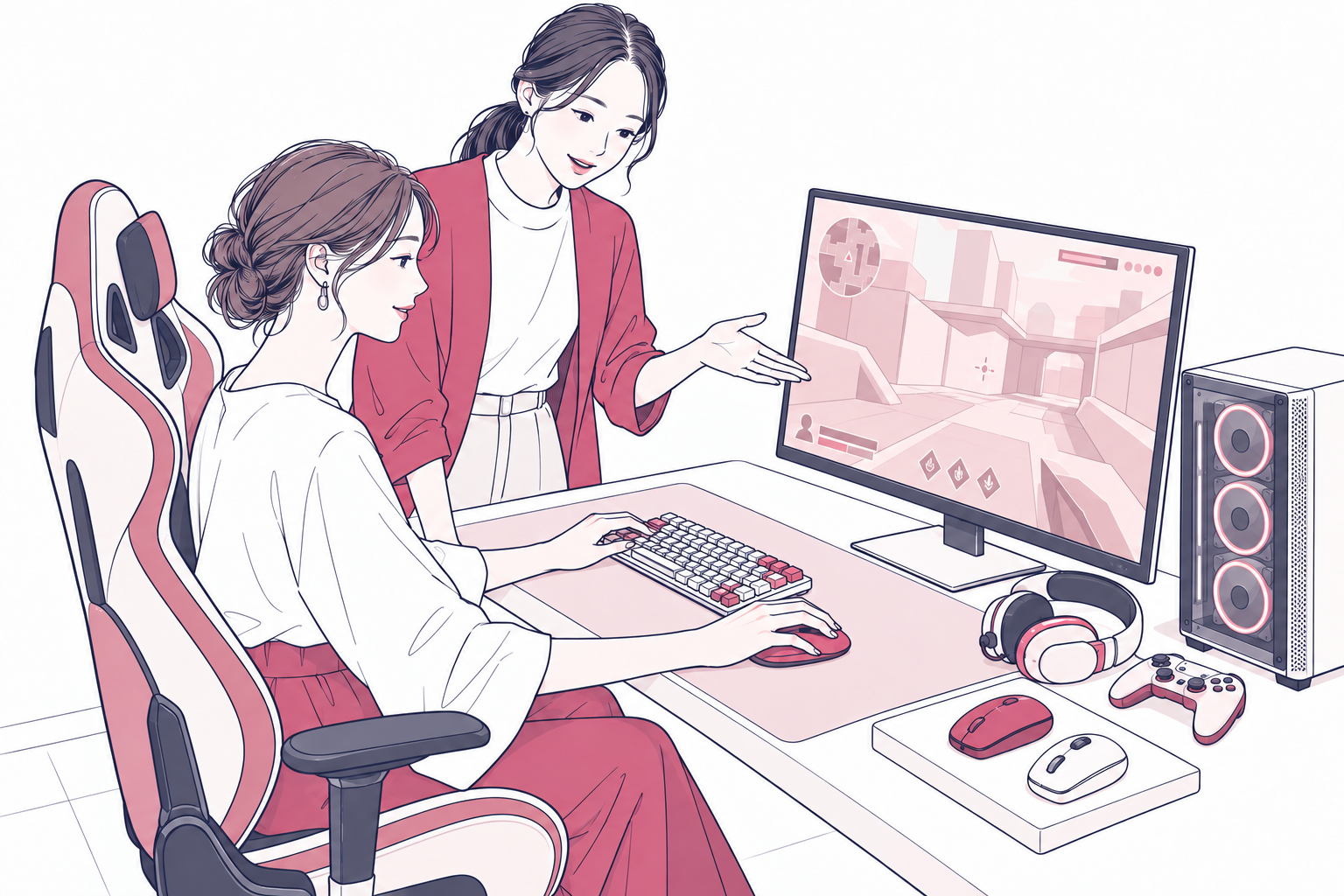 ゲーミングチェアでPCや周辺機器を試すイラスト